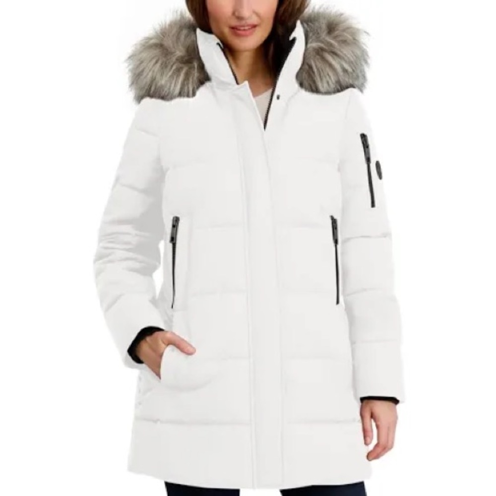 Nautica Women's White Puffer Jacket with Faux Fur Hood